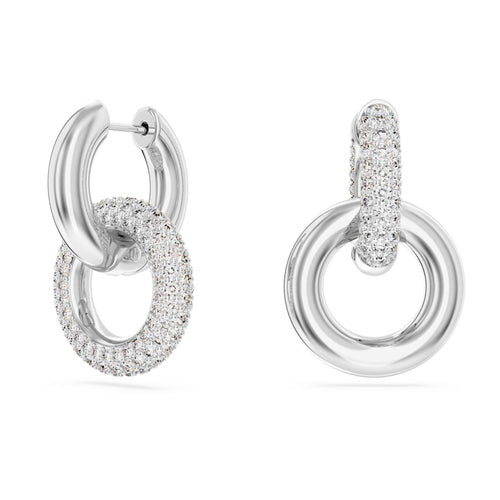 Swarovski Dextera hoop earrings Asymmetrical design, Interlocking loop, White, Rhodium plated