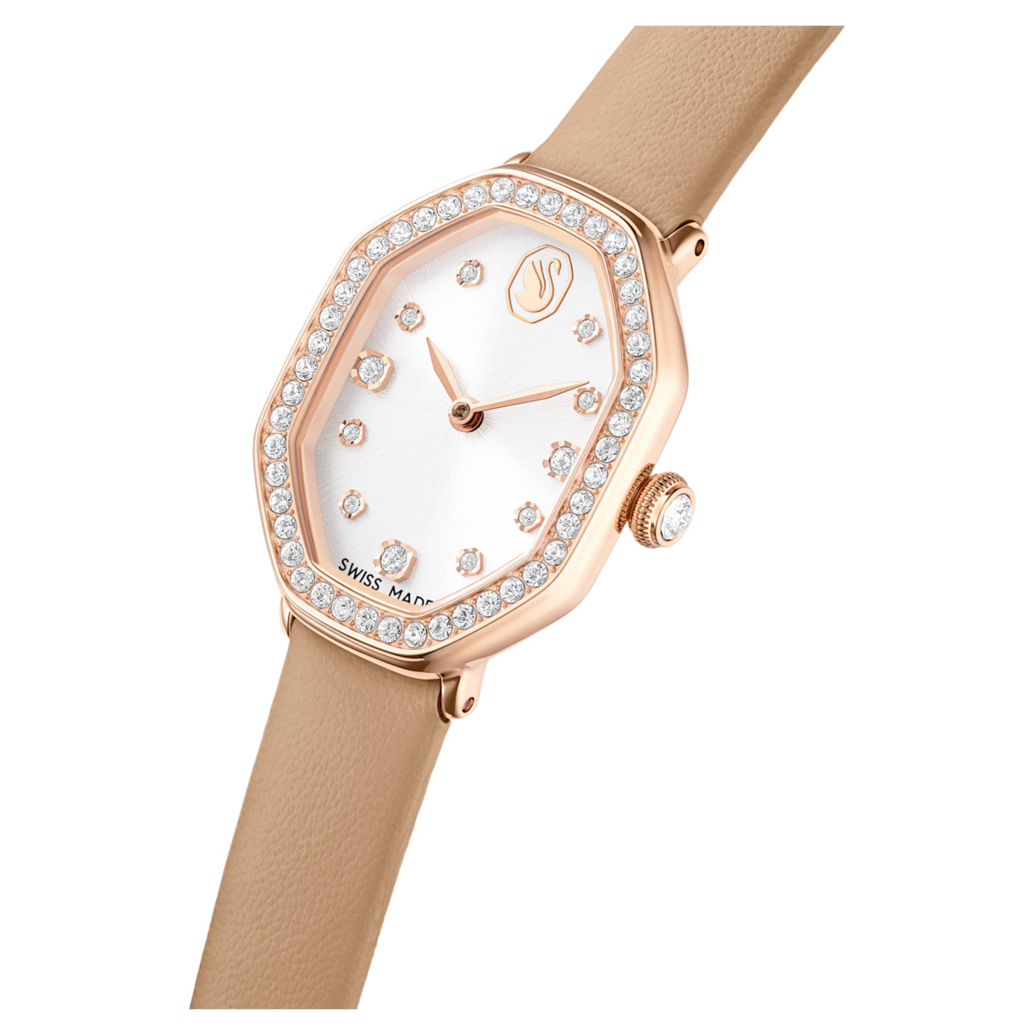 Swarovski Dextera octagon watch Swiss Made, Leather strap, Brown, Rose gold-tone finish