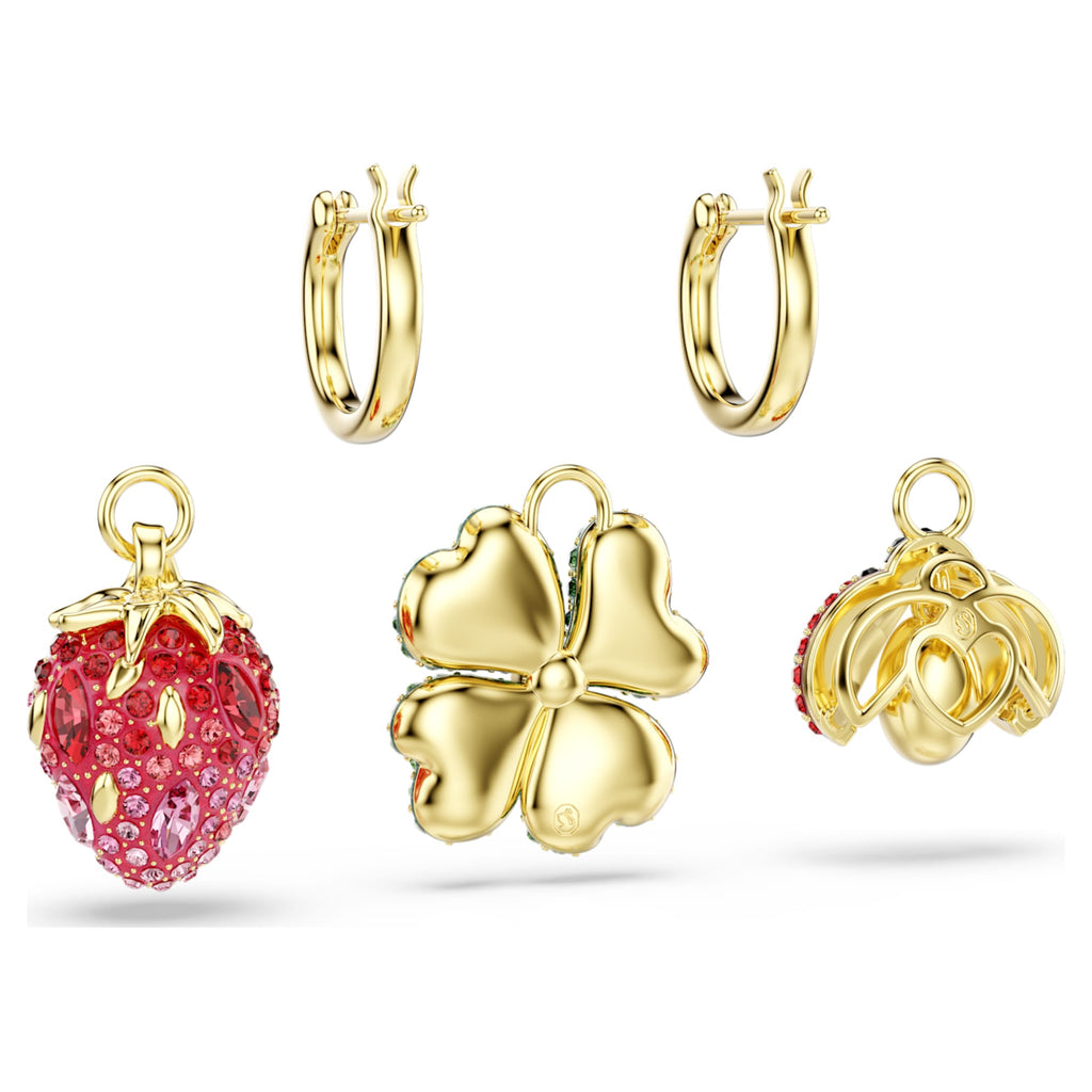 Swarovski Idyllia drop earrings Set (3), Ladybug, Clover, Strawberry, Multicolored, 18K gold finish