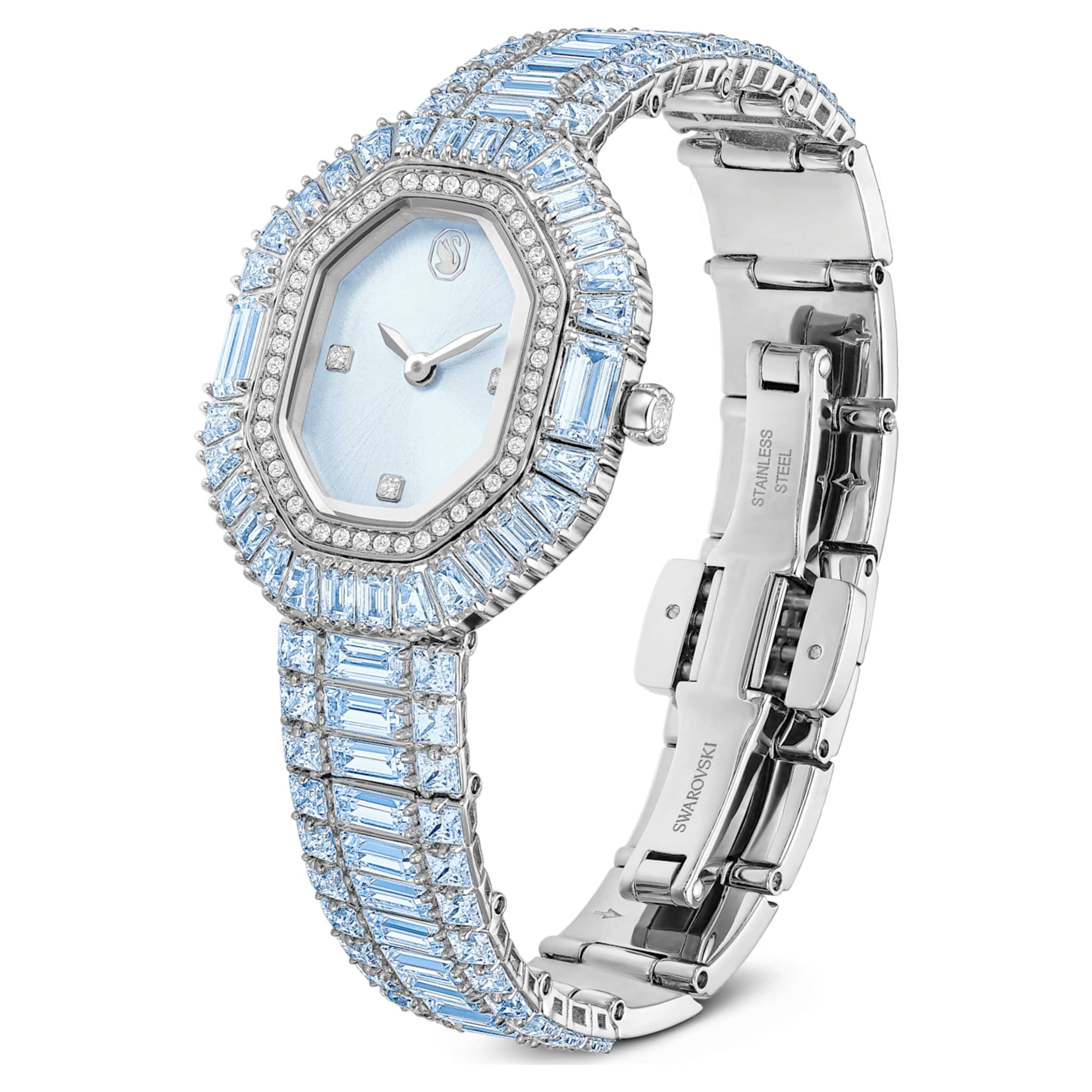 Swarovski Matrix octagon watch Baguette cut, Metal bracelet, Blue, Stainless steel