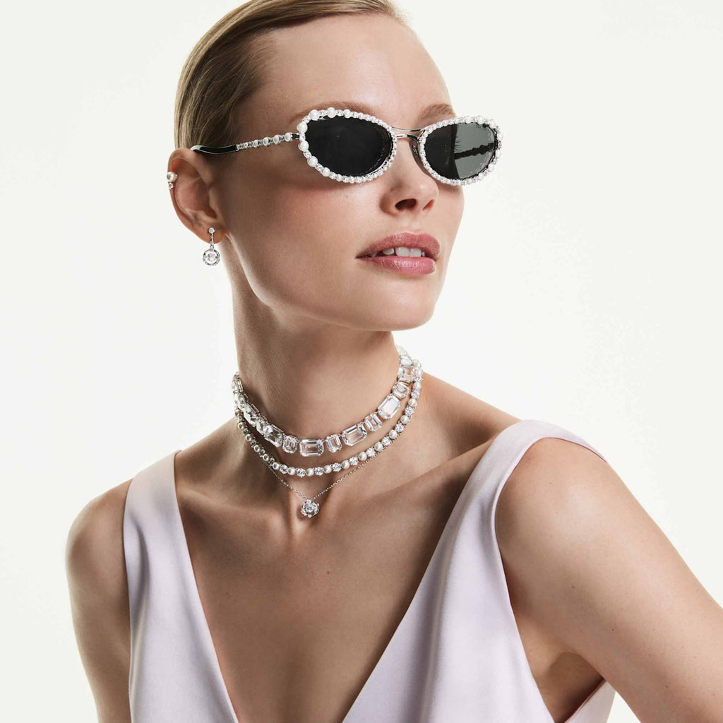 Swarovski Matrix stud earrings Crystal pearl, Round cut, White, Rhodium plated