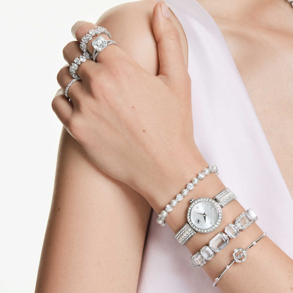 Swarovski Matrix Tennis bracelet Crystal pearl, Round cut, White, Rhodium plated