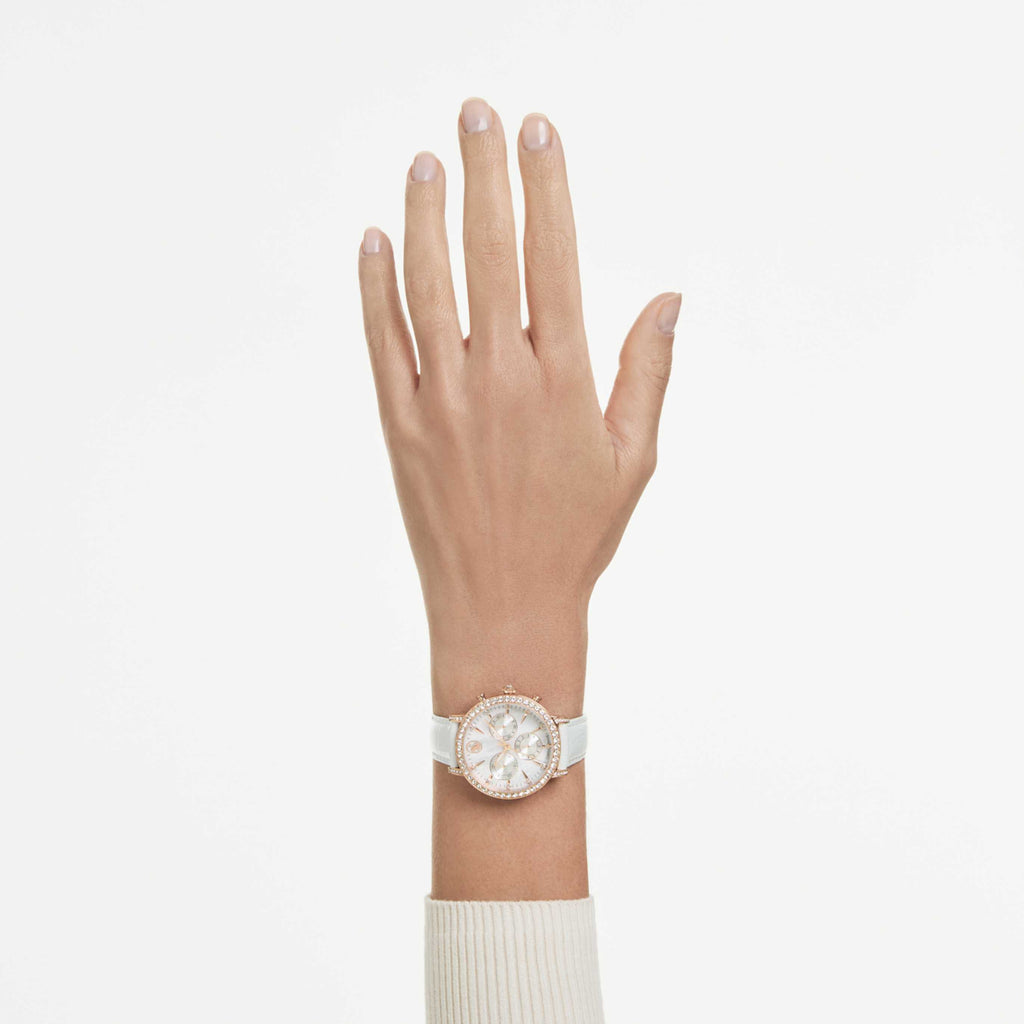 Swarovski Matrix tennis chrono watch Swiss Made, Leather strap, Beige, Rose gold-tone finish