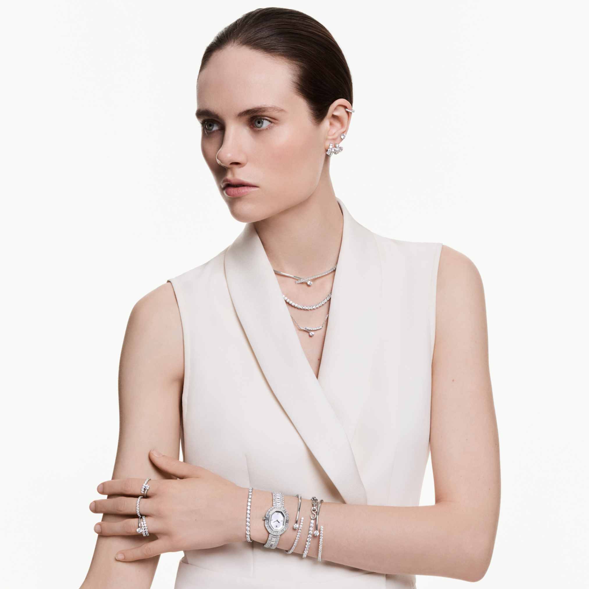 Swarovski Matrix Tennis necklace Round cut, White, Rhodium plated
