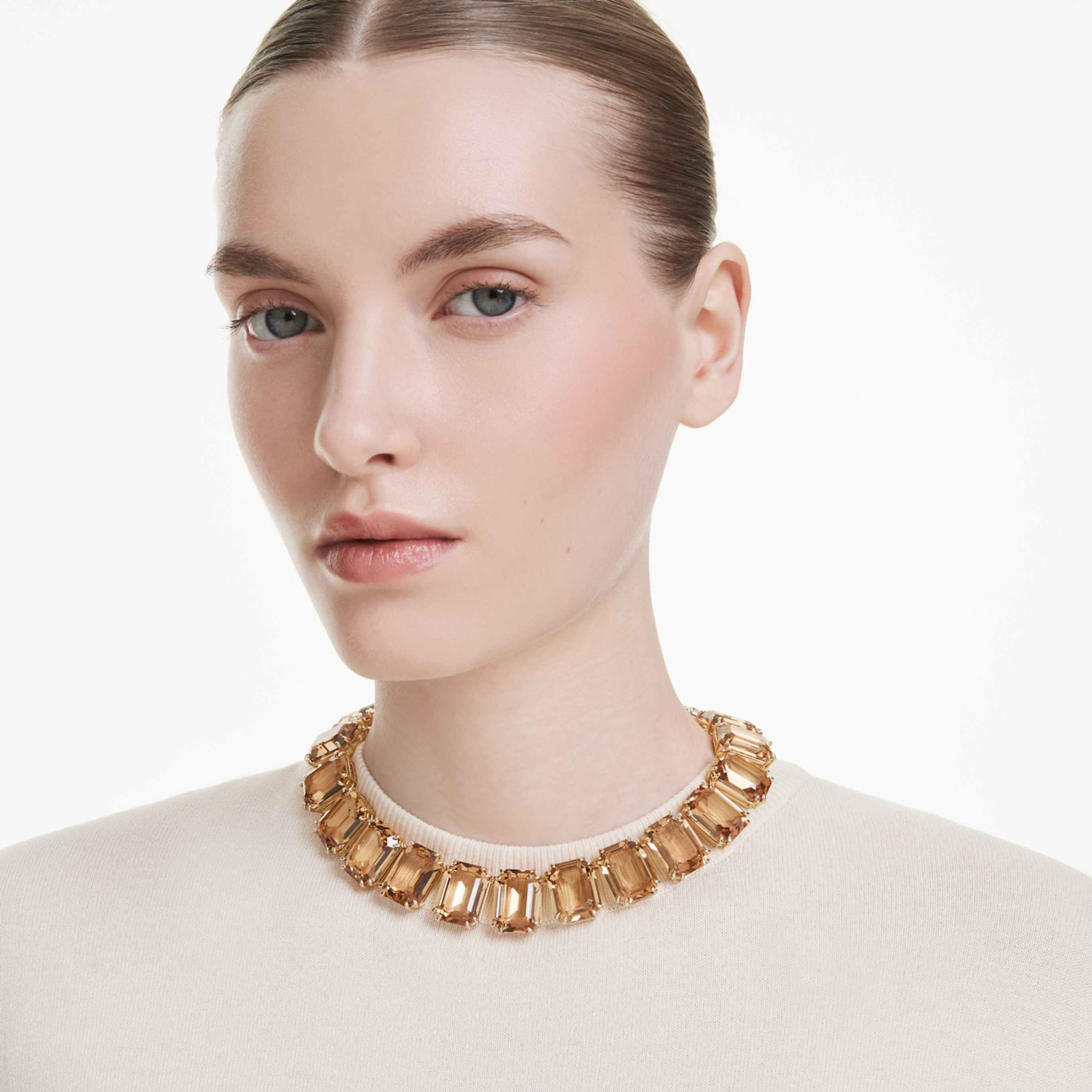 Swarovski Millenia necklace Oversized crystals, Octagon cut, Caramel, 18K gold finish