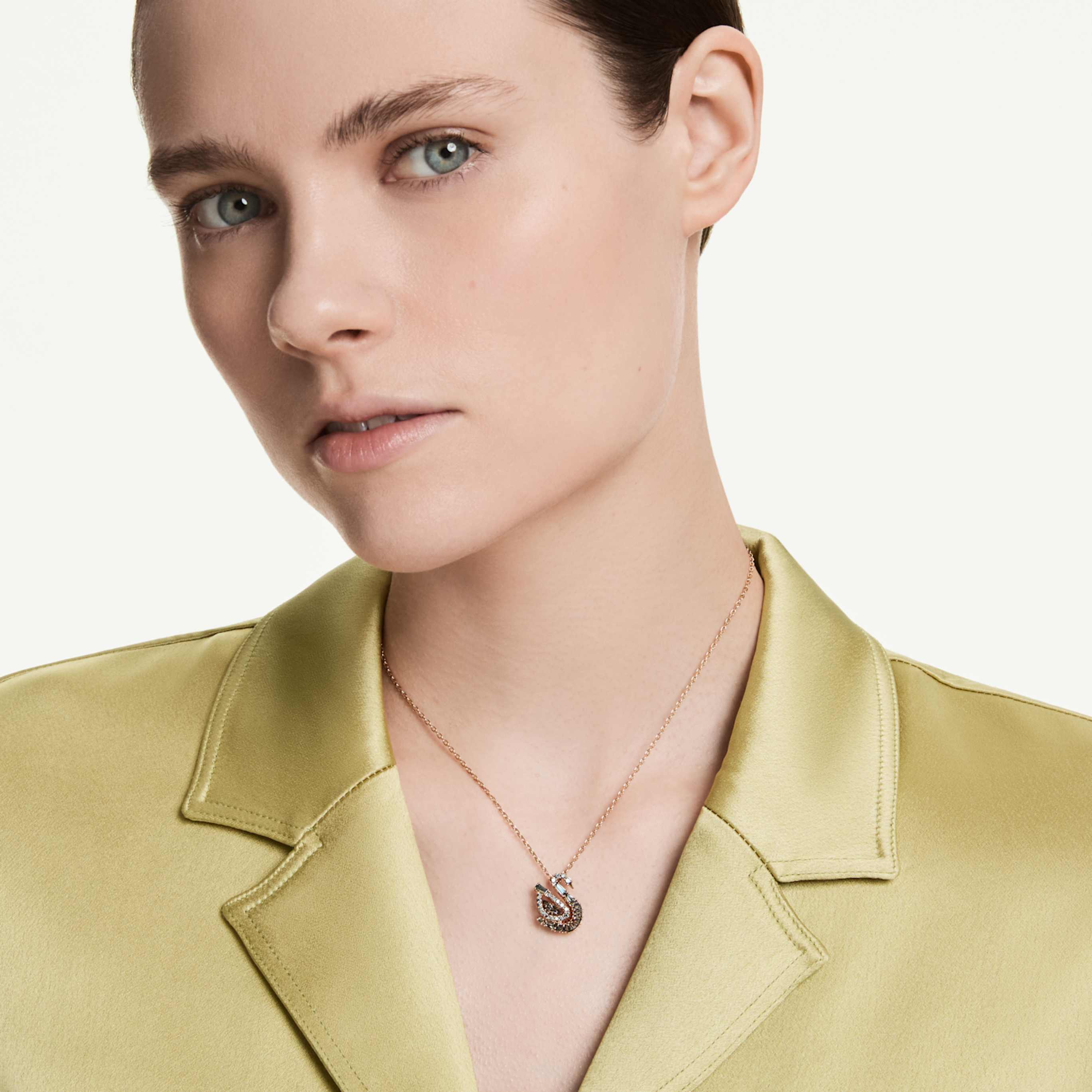 Swarovski Swan pendant Mixed cuts, Swan, Black, 18K rose gold finish